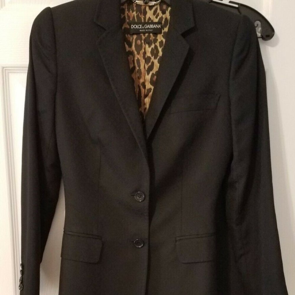 DOLCE & GABBANA BLACK LEOPARD JACKET BLAZER DRESS PANTS SUIT 2 PC 40